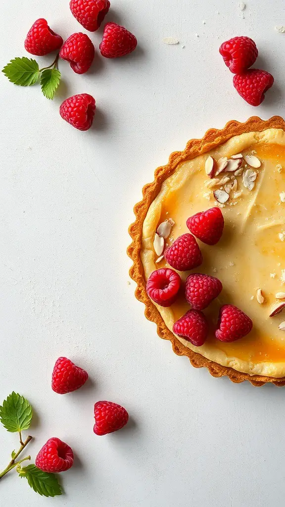 A raspberry almond tart topped with fresh raspberries and almond slices on a white background.