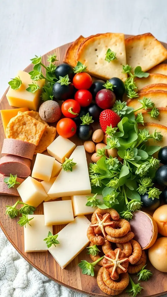 A St. Patrick's Day charcuterie board featuring cheeses, meats, fruits, nuts, and edible flowers.