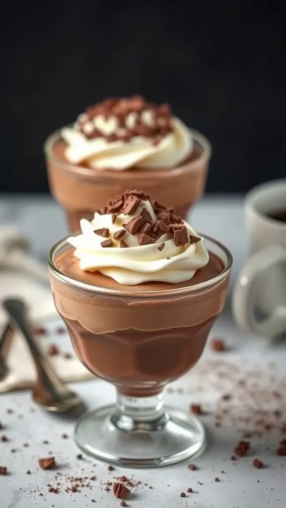 Two chocolate mousse cups topped with whipped cream and chocolate shavings