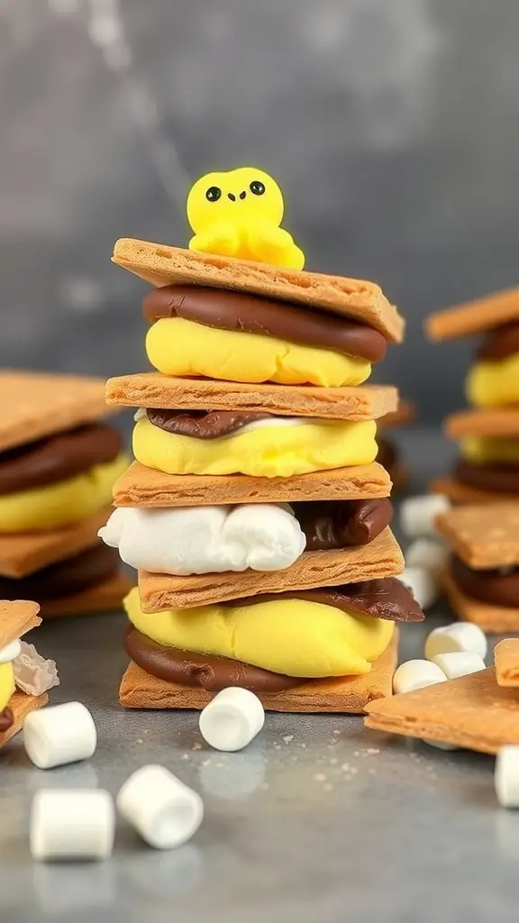 Colorful Peep S'mores stacked with graham crackers, chocolate, and marshmallows.