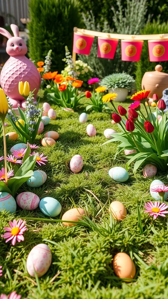 Colorful outdoor Easter egg hunt setup with flowers and decorations