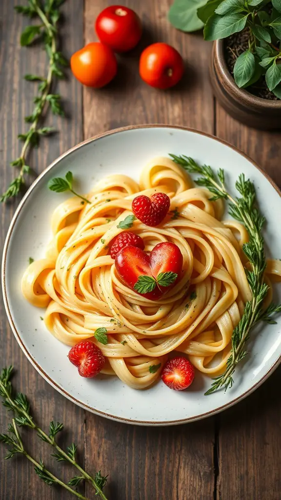 A plate of fettuccine pasta garnished with strawberries and herbs on a wooden table.