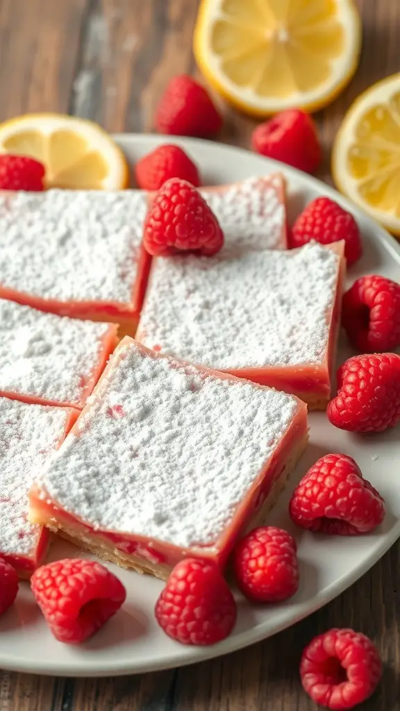 A plate of raspberry lemonade bars garnished with fresh raspberries and lemon slices.