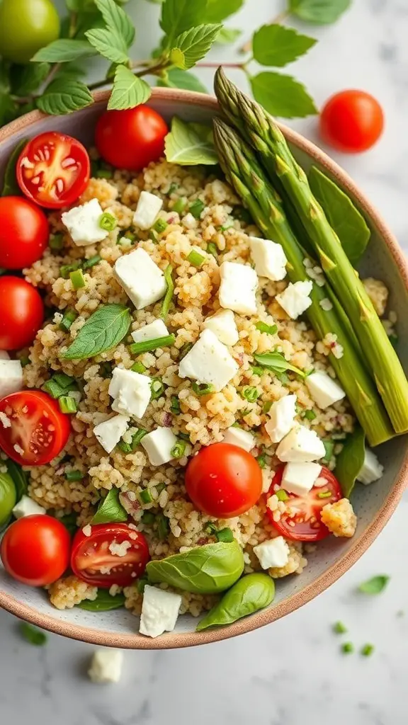 A bowl of quinoa and asparagus salad with cherry tomatoes and feta cheese