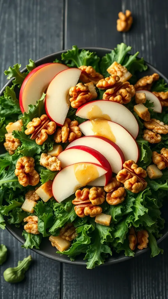 A bowl of Crispy Kale and Apple Salad with apple slices and walnuts on top.