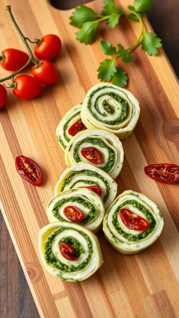 Pesto pinwheels with sun-dried tomatoes on a wooden cutting board, garnished with cherry tomatoes and fresh herbs.