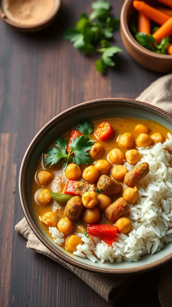 A bowl of creamy coconut curry with chickpeas served over rice, garnished with fresh herbs and colorful vegetables.