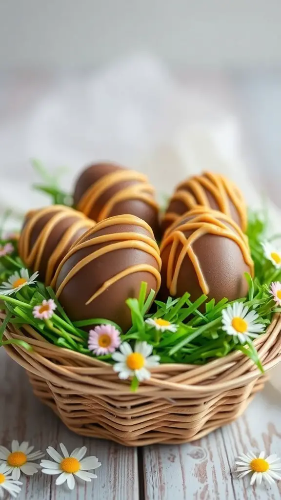 Peanut Butter Chocolate Eggs in a basket with flowers