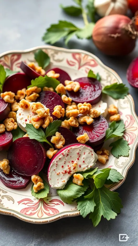 A colorful roasted beet and goat cheese salad with walnuts and parsley on a decorative plate.