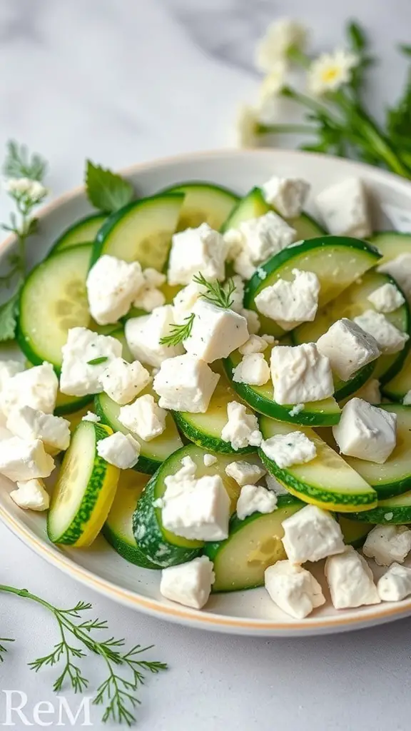 A plate of cucumber and feta salad with dill, featuring sliced cucumbers and crumbled feta cheese.