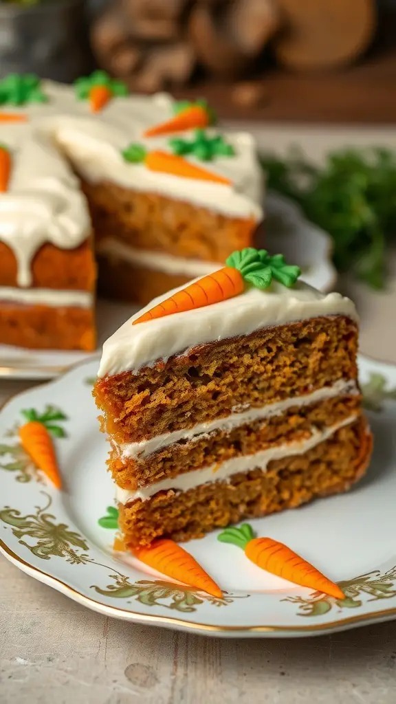 A slice of carrot cake with cream cheese frosting and decorative carrots on a plate.