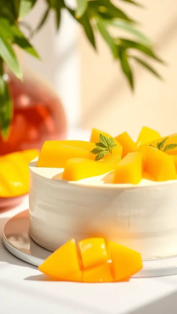 A mango mousse cake topped with fresh mango slices and a mint leaf.