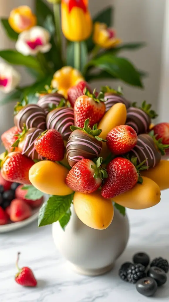 A colorful bouquet made of chocolate-dipped strawberries and mangoes, arranged in a vase.