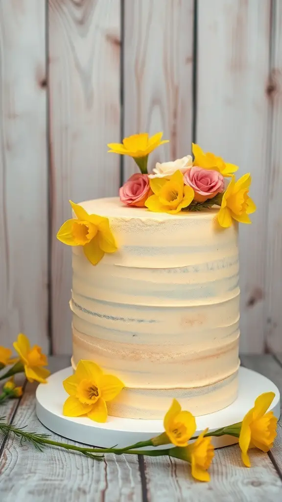 A beautiful layer cake decorated with yellow daffodils and pink roses on a wooden background.