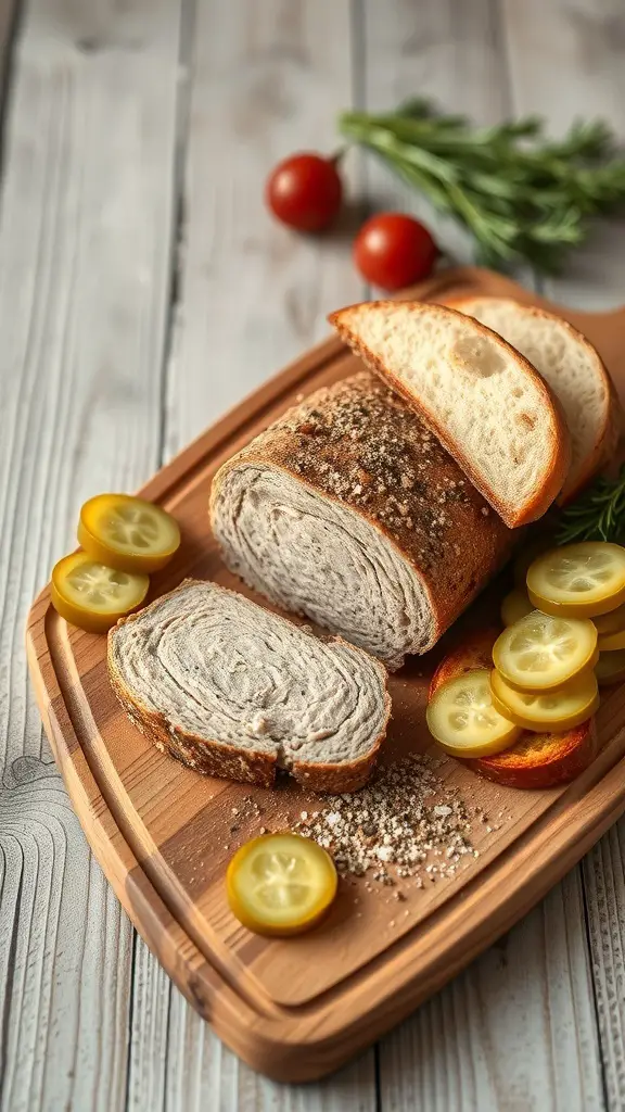 A sliced loaf of bread with yellow pickles and cherry tomatoes on a wooden board.