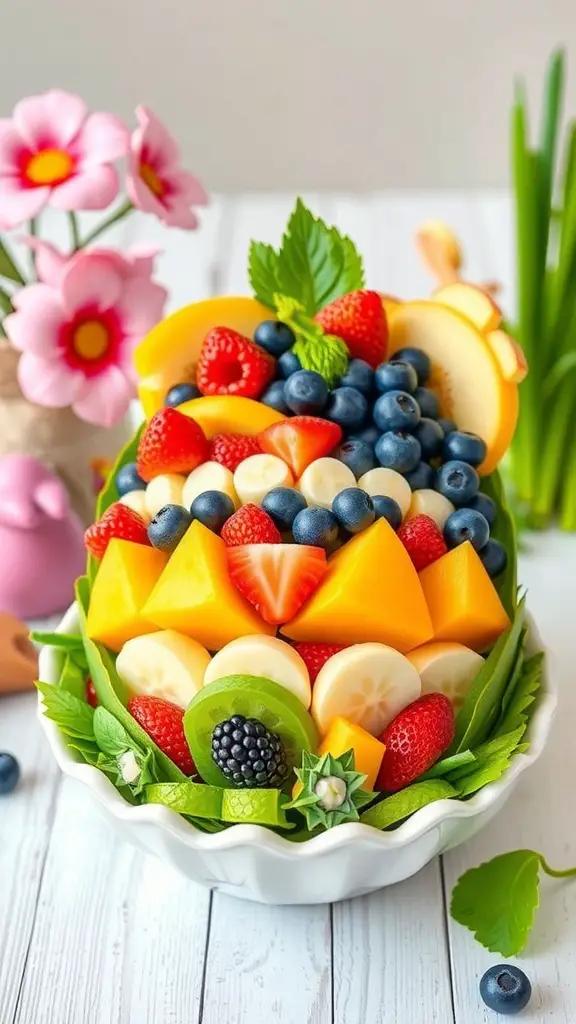 A colorful fruit salad arranged to look like an Easter egg, featuring strawberries, blueberries, mangoes, and bananas.