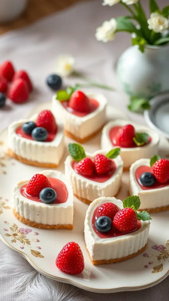 A plate of heart-shaped cheesecake bites topped with raspberries and blueberries.
