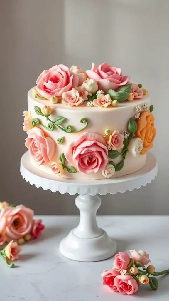 A beautifully decorated floral buttercream cake with pink and orange roses on a white cake stand.