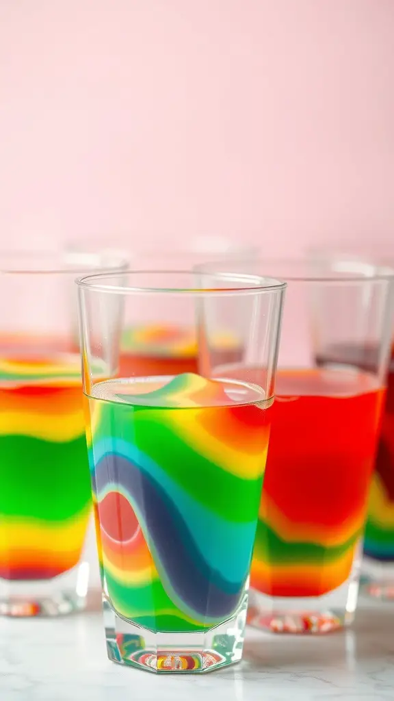 Colorful rainbow jello cups in clear glasses