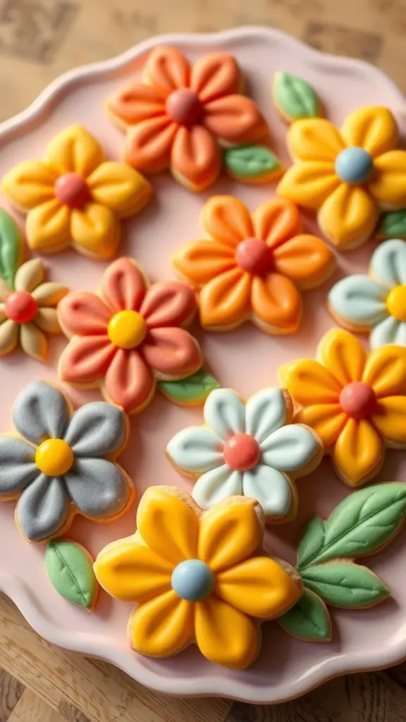 Colorful flower-shaped shortbread cookies on a pink plate