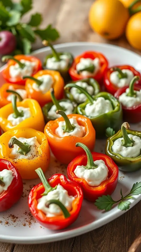 A platter of colorful stuffed mini peppers filled with goat cheese