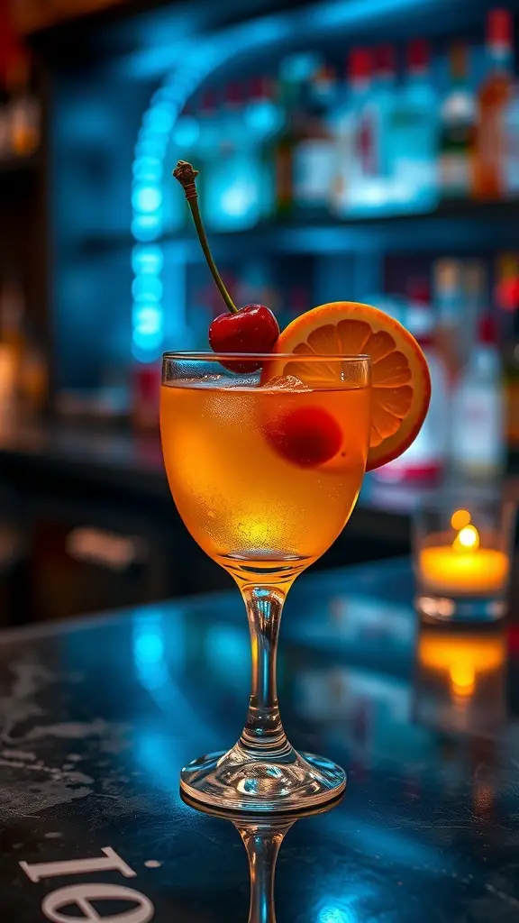 A beautifully garnished Amaretto Sour cocktail with an orange slice and cherry.