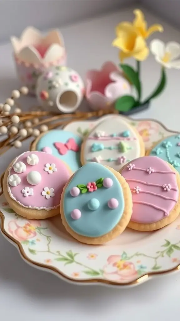 A plate of beautifully decorated Easter egg sugar cookies in pastel colors.