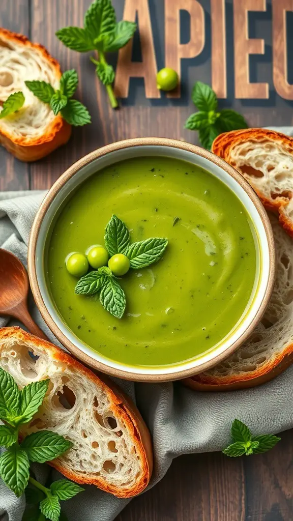A bowl of vibrant green spring pea soup garnished with mint leaves, accompanied by slices of crusty bread.