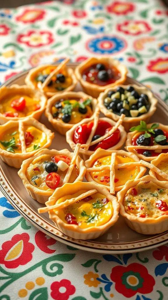 A platter of colorful mini quiches on a floral tablecloth.
