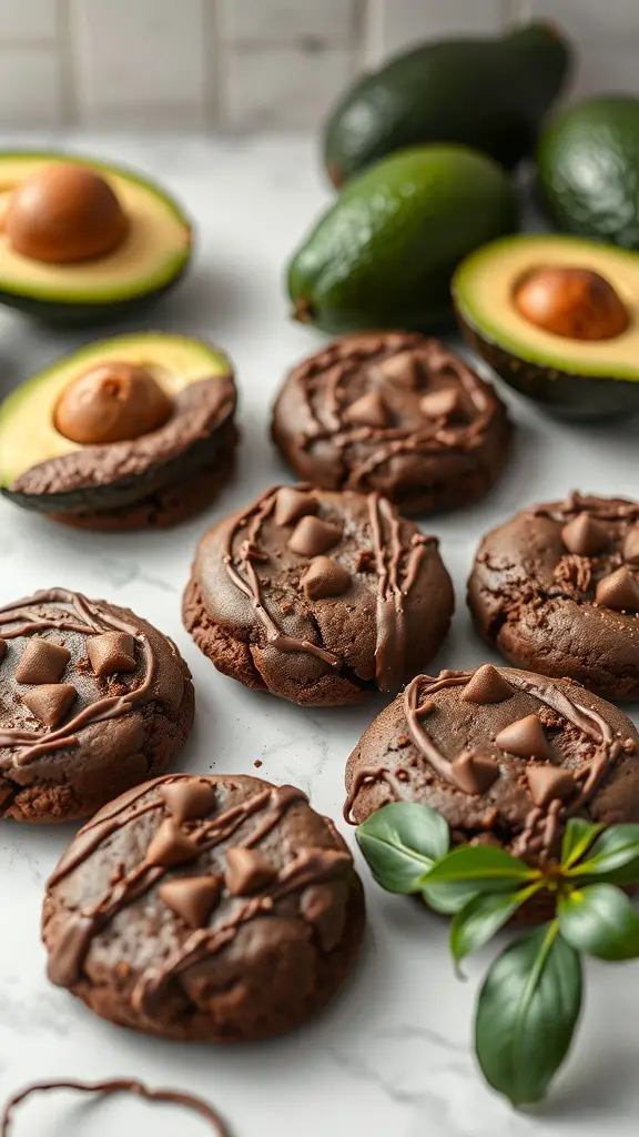Chocolate avocado cookies with chocolate drizzle and avocados in the background