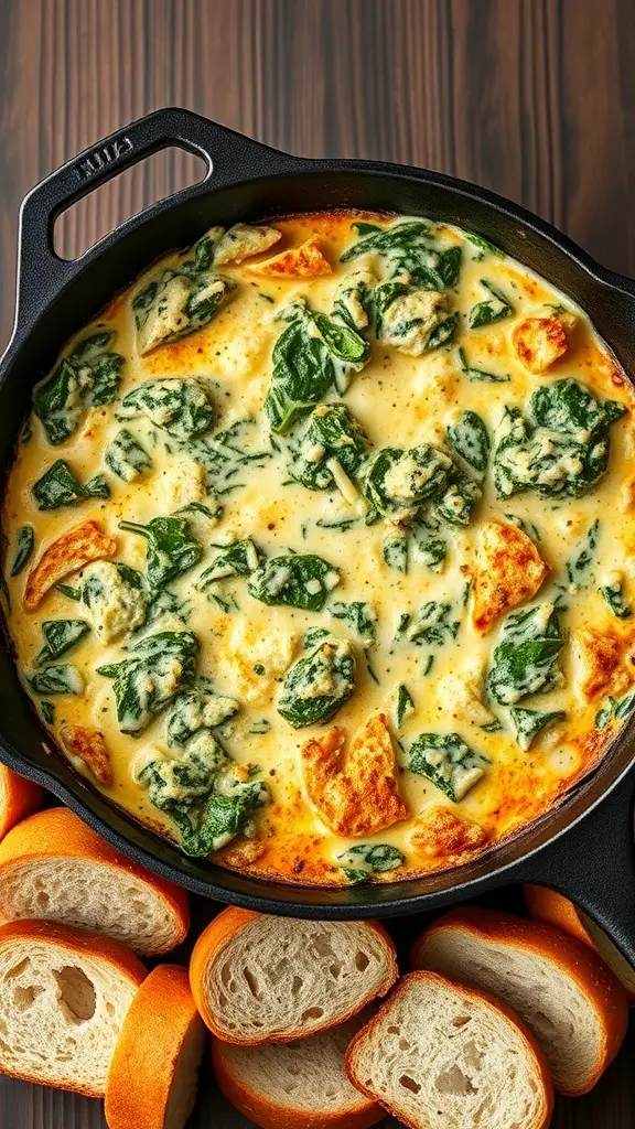Creamy spinach and artichoke dip in a skillet surrounded by slices of bread