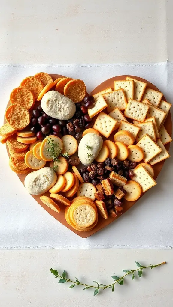 A heart-shaped charcuterie board featuring a variety of crackers and breads.