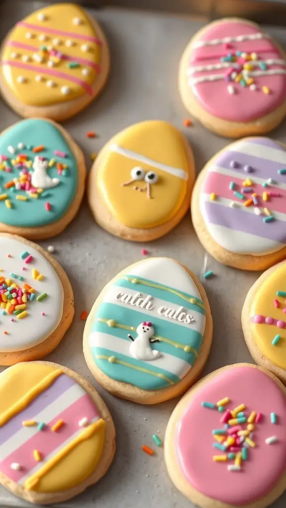 Colorful Easter egg sugar cookies decorated with icing and sprinkles.