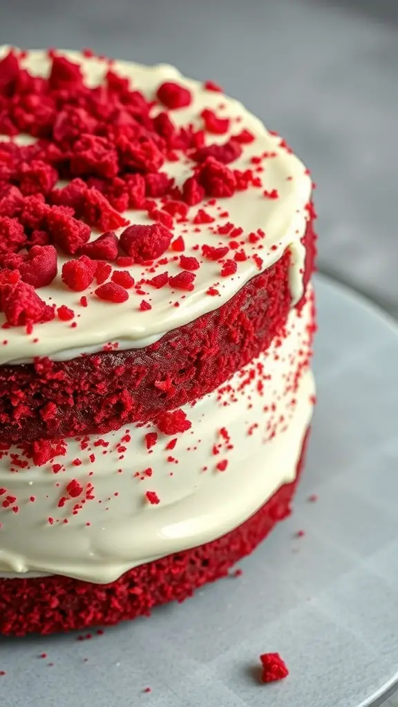 A beautifully layered red velvet cake with cream cheese icing and red velvet crumbs on top.