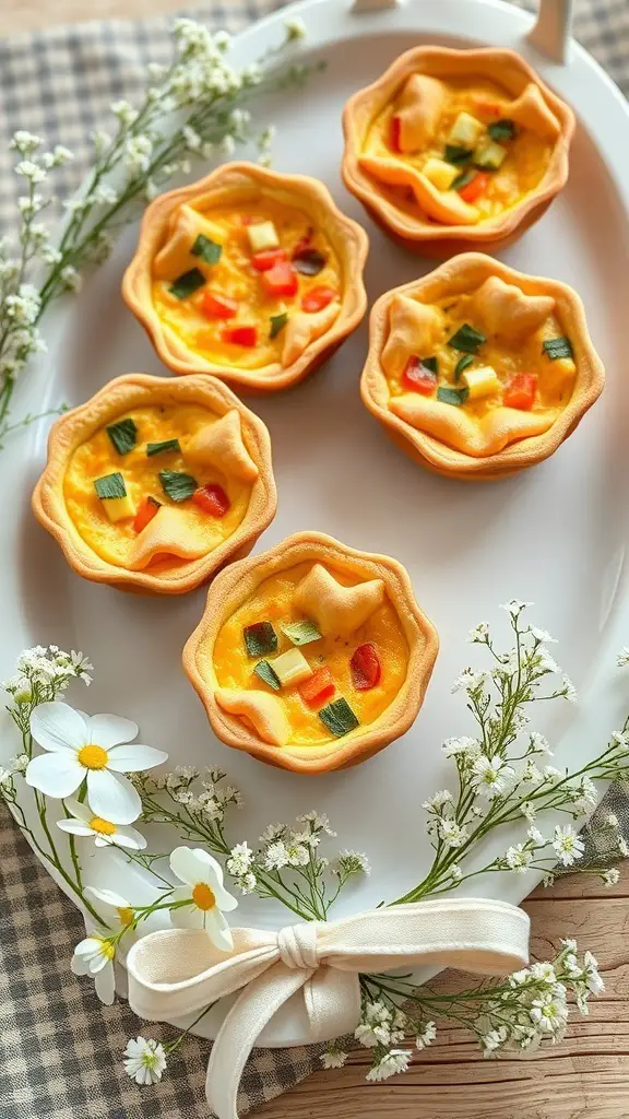 Mini quiches with spring vegetables on a decorative plate