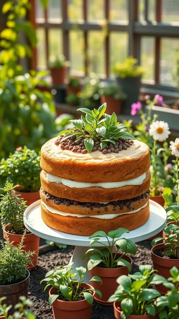 A three-layer cake decorated with fresh herbs, surrounded by potted plants in a garden setting.