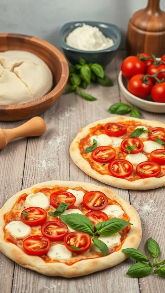 A pizza station with dough, tomatoes, mozzarella, and basil for making Margherita pizzas.