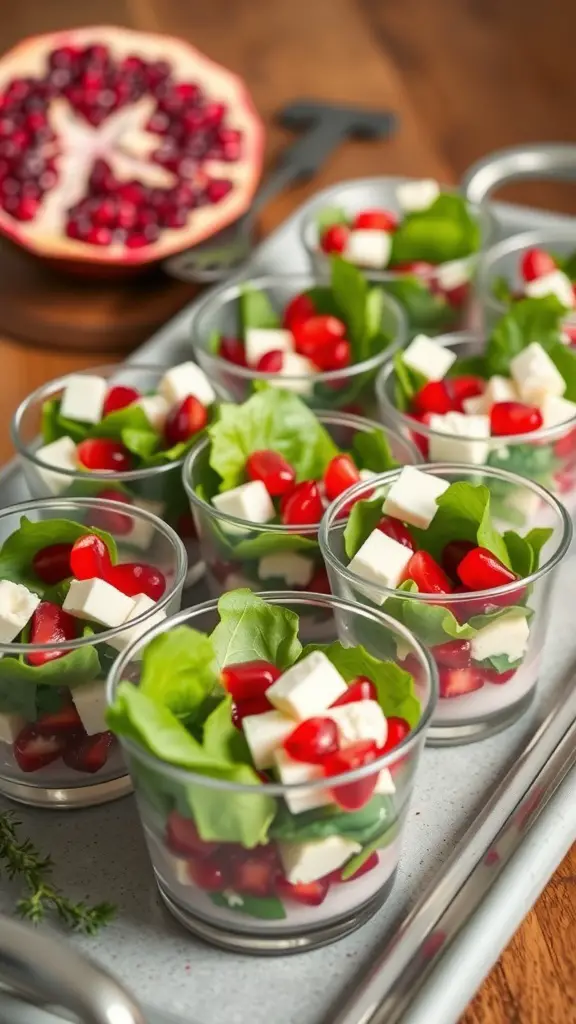 A tray of pomegranate and feta salad cups with fresh greens and pomegranate seeds.