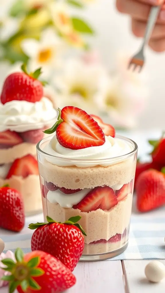 Strawberry shortcake cups with layers of cream and strawberries