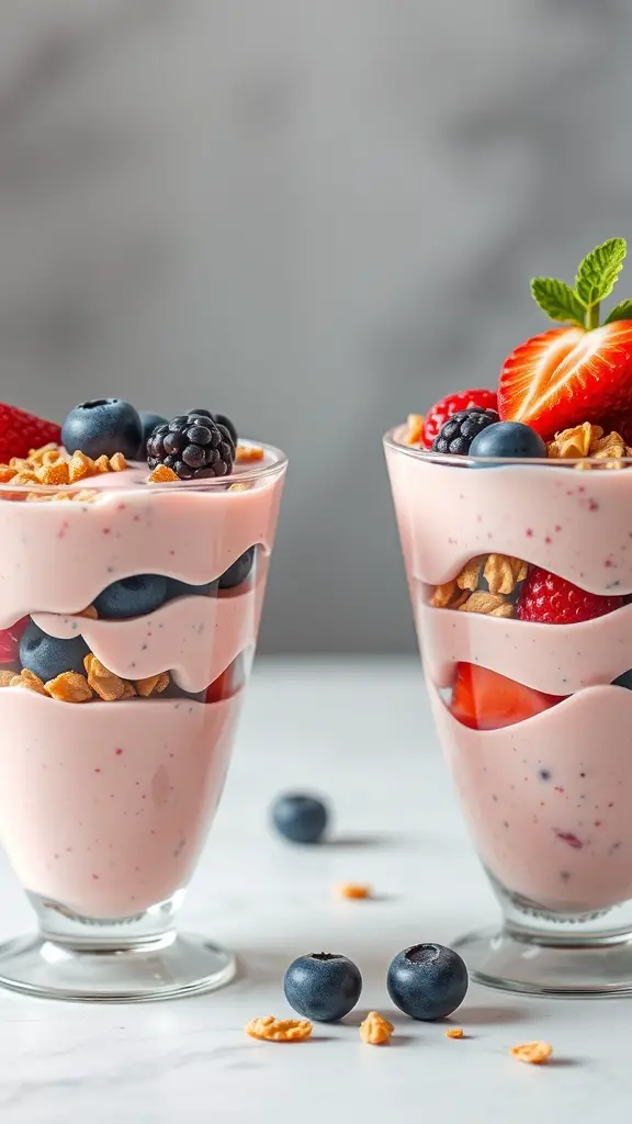 Two pink yogurt parfaits layered with yogurt, berries, and granola