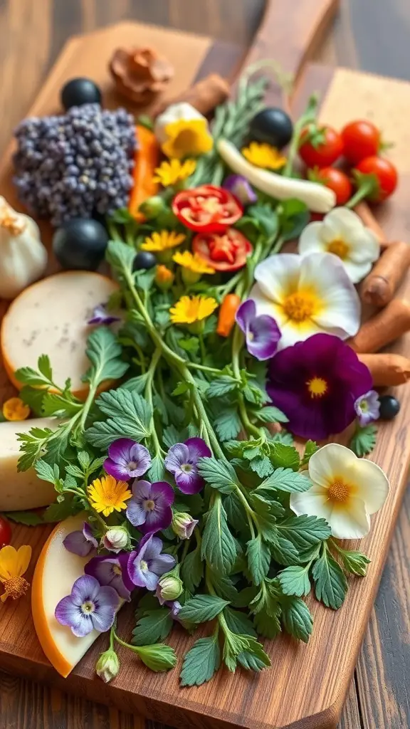 A colorful grazing board featuring herbs and edible flowers, showcasing a variety of greens, cheeses, and vibrant blooms.