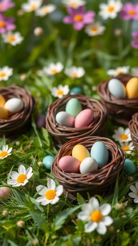 Chocolate nests filled with pastel candy eggs surrounded by flowers and grass