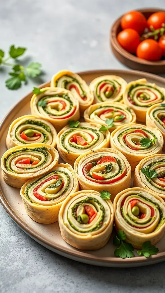 A plate of colorful pesto pinwheels with cherry tomatoes in the background.