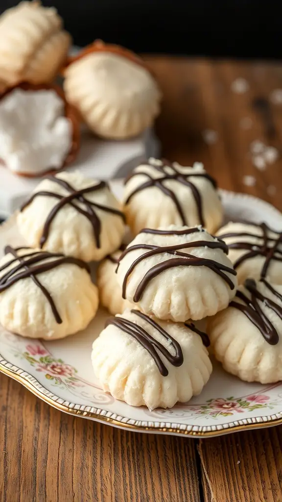 A plate of coconut macaroons drizzled with dark chocolate, showcasing a delicious sugar-free treat.