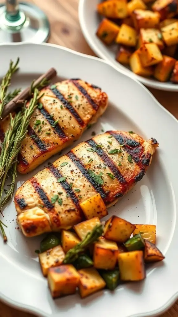 Grilled chicken with herbs and roasted vegetables on a plate
