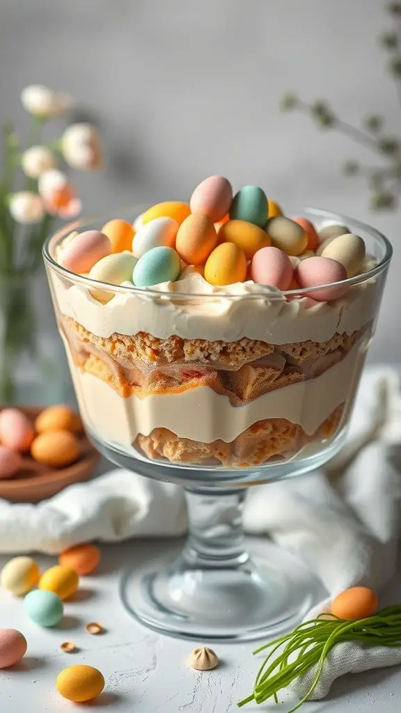 A colorful Easter Egg Trifle with layers of sponge cake, whipped cream, and pastel chocolate eggs on top.