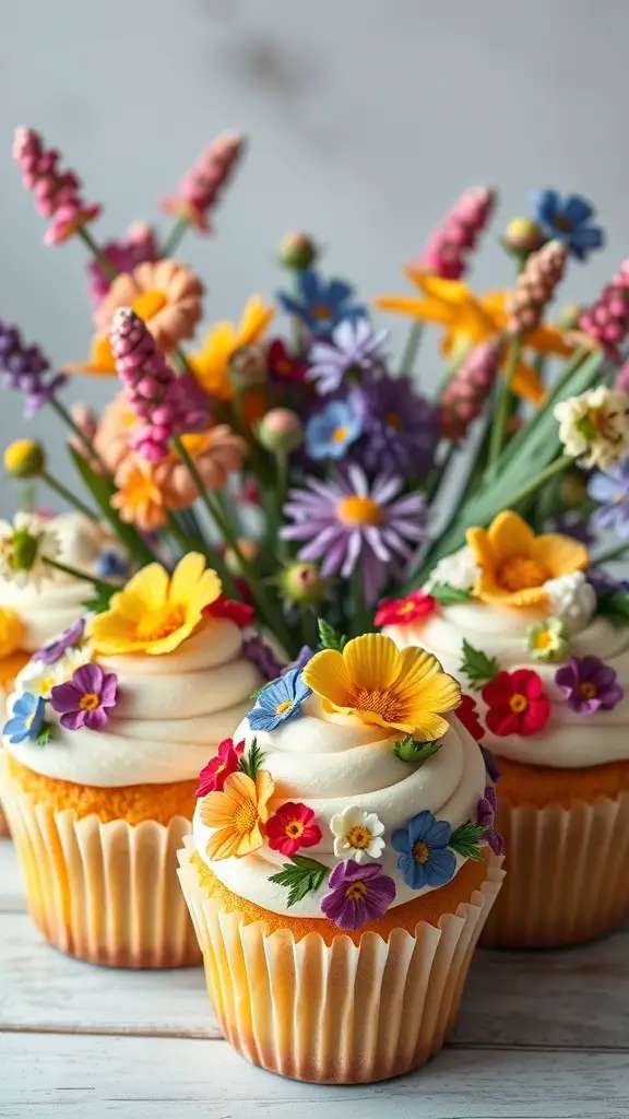 A beautiful arrangement of wildflower cupcakes decorated with colorful edible flowers.