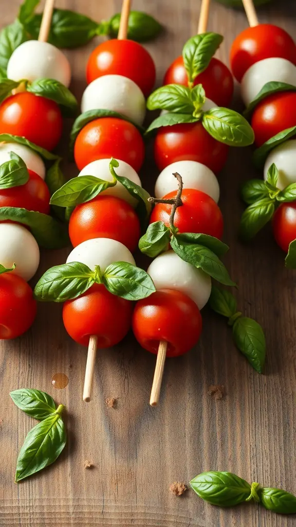 Caprese salad skewers with cherry tomatoes, mozzarella balls, and basil leaves on wooden skewers.