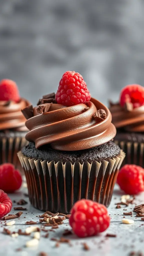 Chocolate raspberry cupcakes with chocolate frosting and fresh raspberries on top.