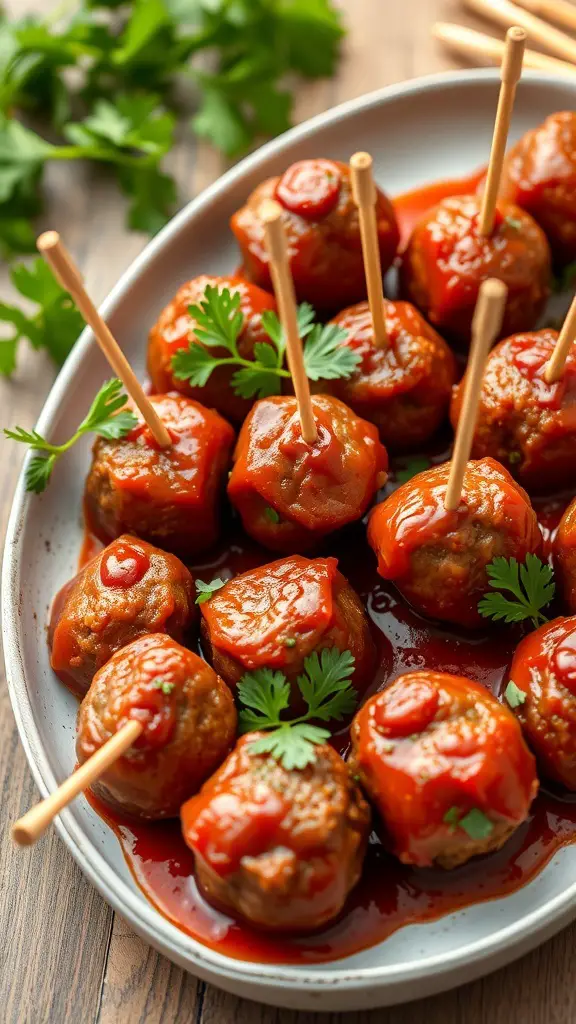 A platter of savory Italian meatballs in tomato sauce, garnished with parsley and served with toothpicks.